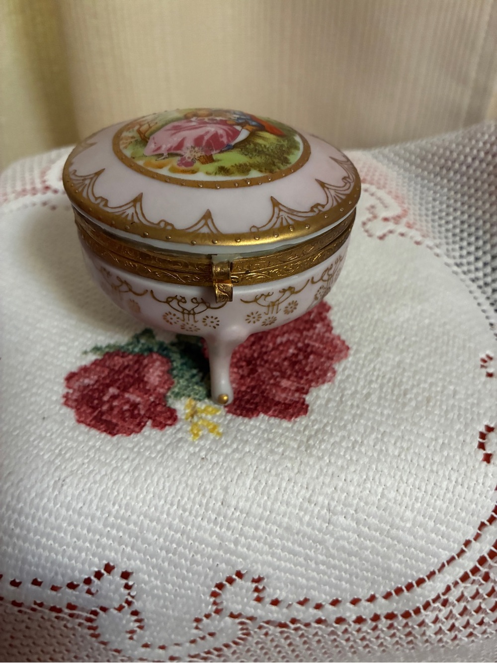 Decorative Pink Porcelain Trinket Box with Gold Accents